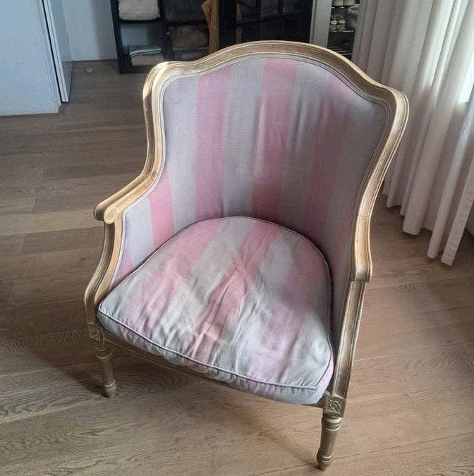Vintage fauteuil met roze en grijze strepen, Ophalen