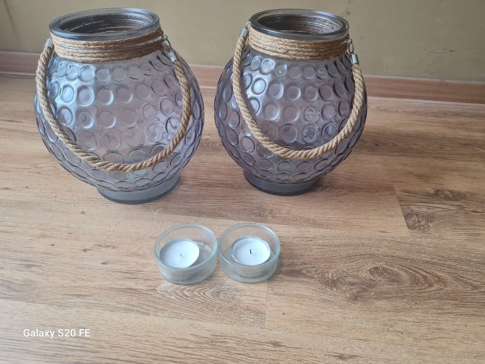 2 Windlichten met touw - Sfeervolle decoratie, Ophalen of Verzenden, Zo goed als nieuw, Paars, Glas