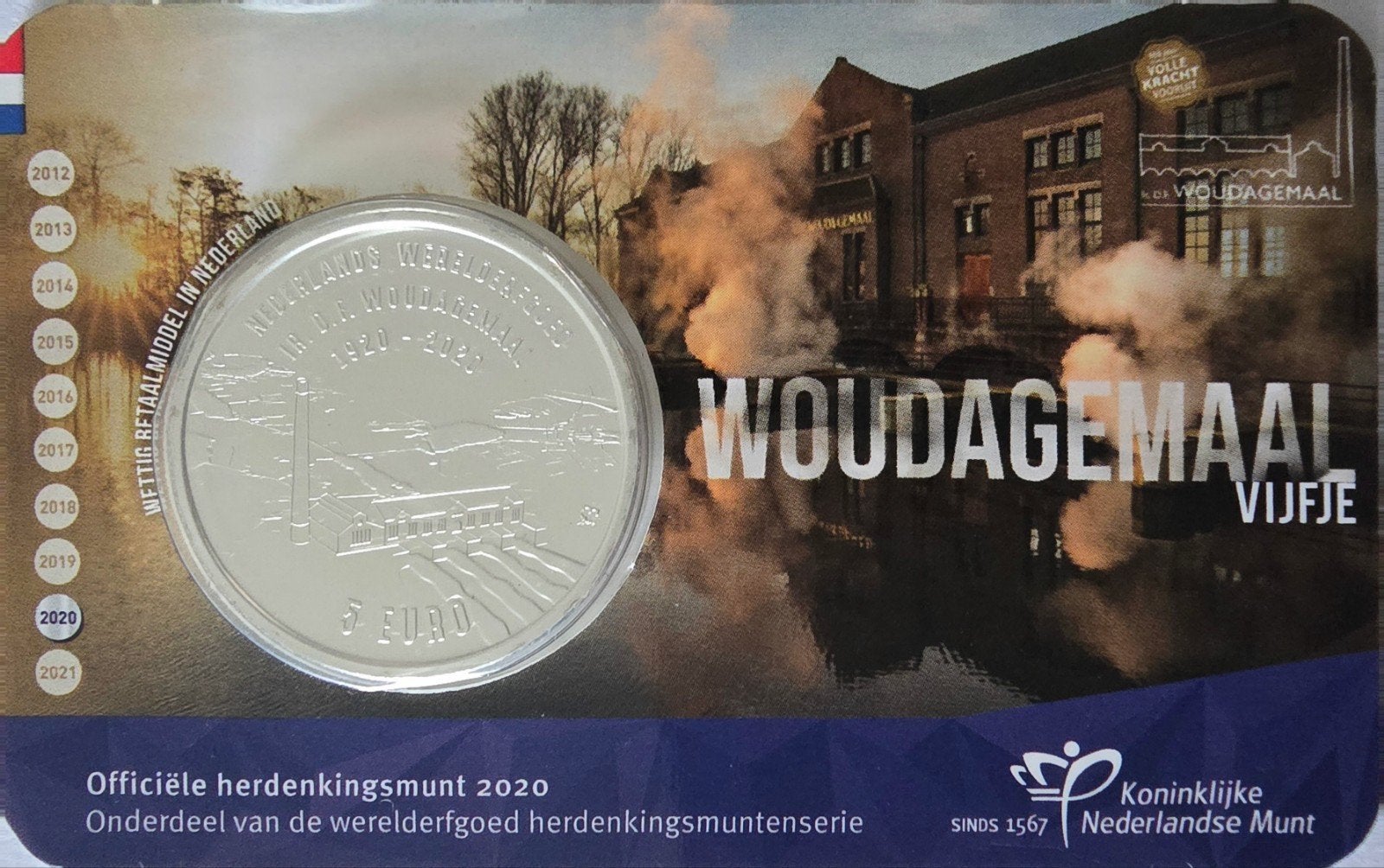 Coincard Woudagemaal Vijfje 2020  Zwaar verzilverde 5 euro m, Ophalen of Verzenden, Koningin Beatrix, Euro's, Losse munt