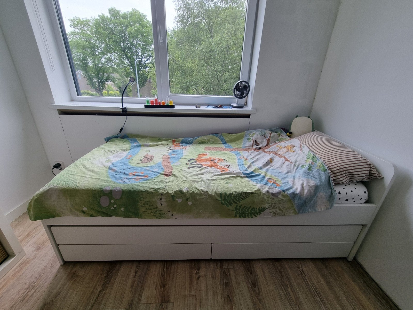 Eenpersoons bed met extra uitschuifbed, Ophalen, 90 cm, Eenpersoons, Wit