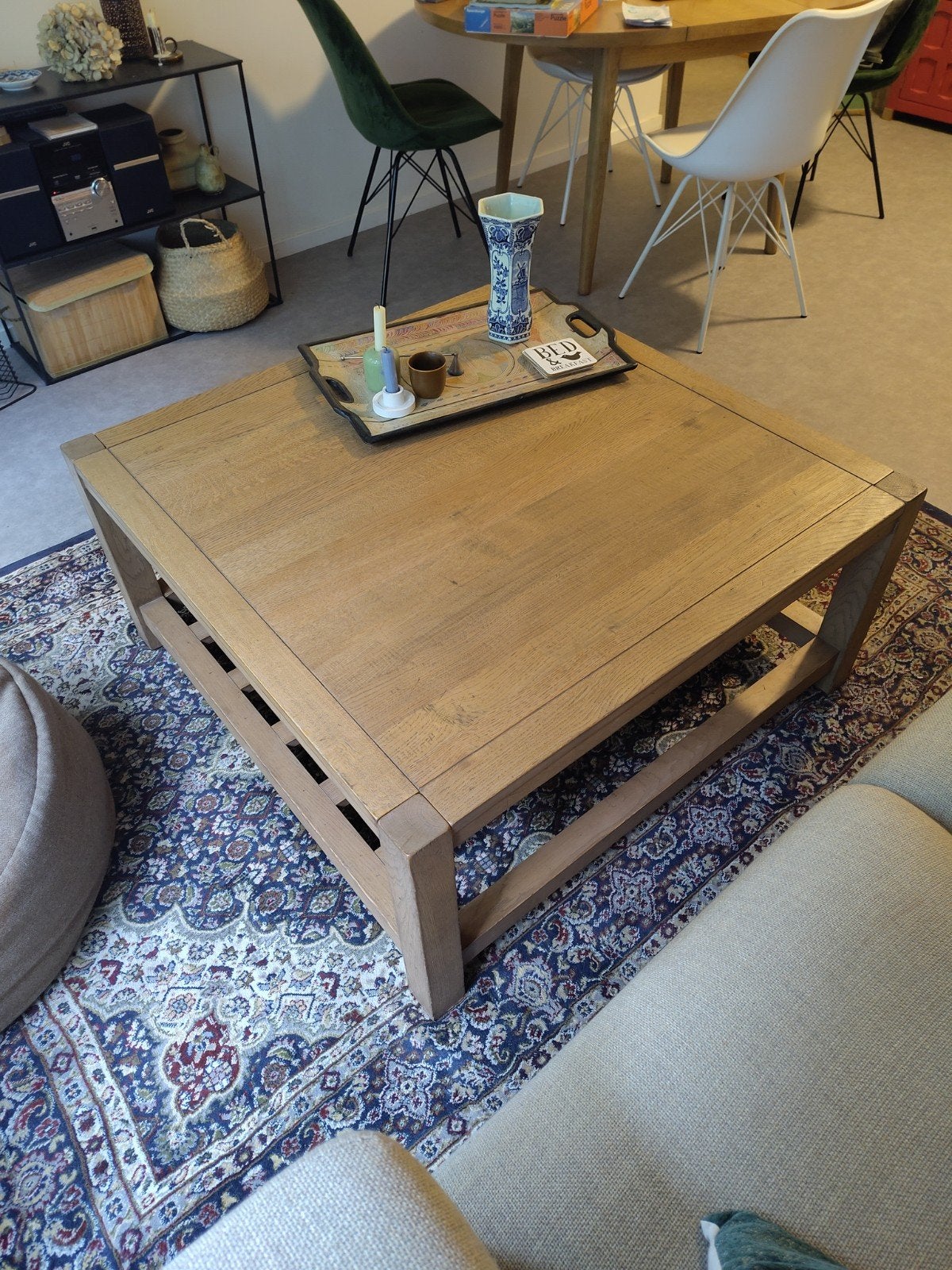 Massief houten salontafel 100x100, Ophalen, Gebruikt, 100 tot 150 cm, Vierkant