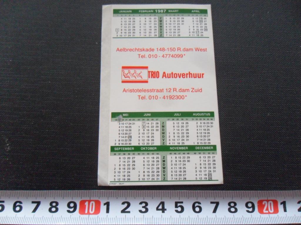 sticker Kalender 1987 Rotterdam West /Zuid TRIO Autoverhuur, Ophalen, Zo goed als nieuw
