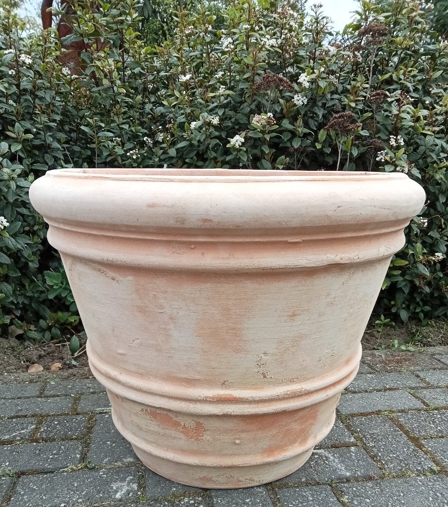 Mooie grote hardgebakken terracotta potten coni in 3 maten., Ophalen, 40 cm of meer, Rond, Nieuw