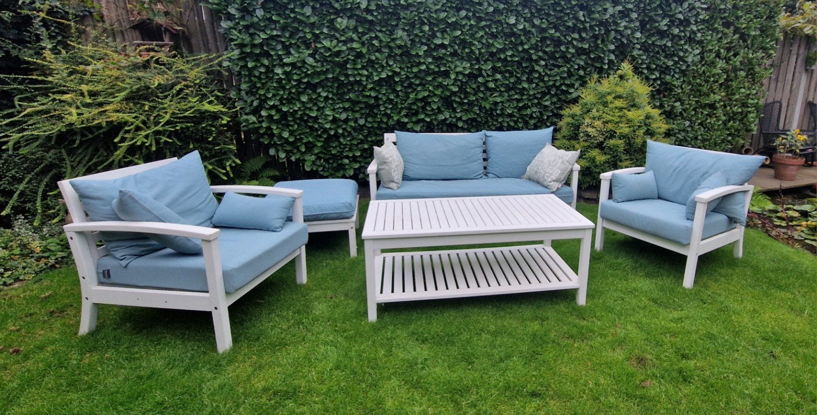 Houten tuinset / loungeset, Tuin en Terras, Ophalen, 5 zitplaatsen, Gebruikt, Loungeset
