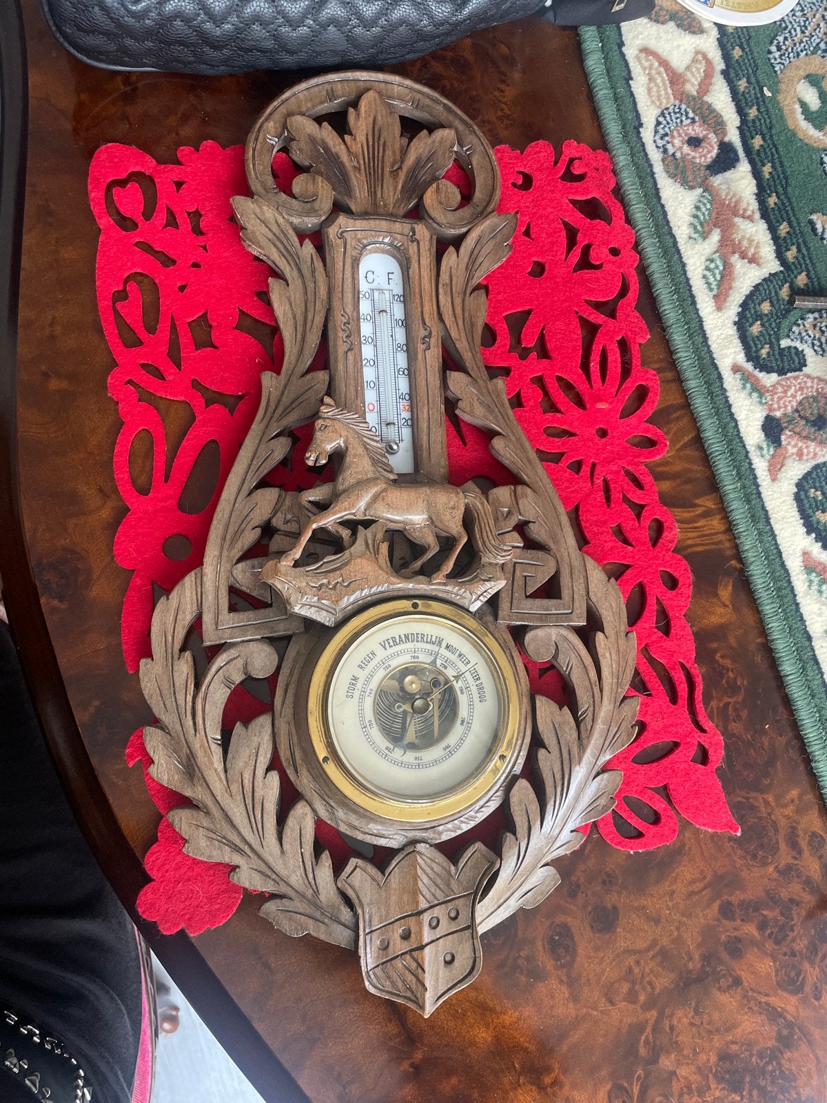 Antieke Barometer en Thermometer - Houtsnijwerk Paard, Ophalen of Verzenden, Gebruikt, Weerstation