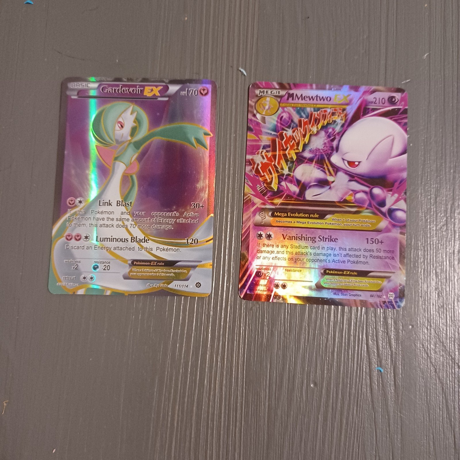 Pokémon kaarten Gardevoir EX & Mega Mewtwo (slechte staat), Ophalen of Verzenden, Gebruikt, Meerdere kaarten