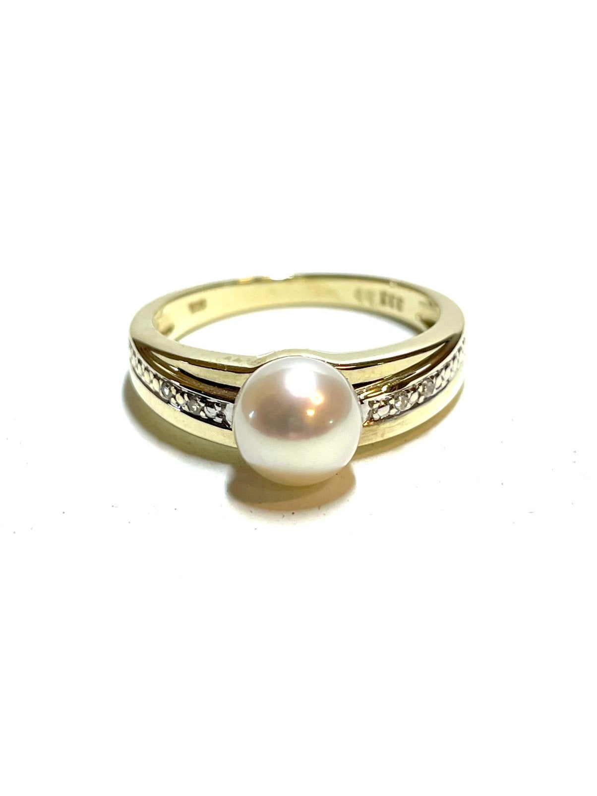 8k gouden ring met een parel en diamanten, Met edelsteen, -, -, Ophalen of Verzenden