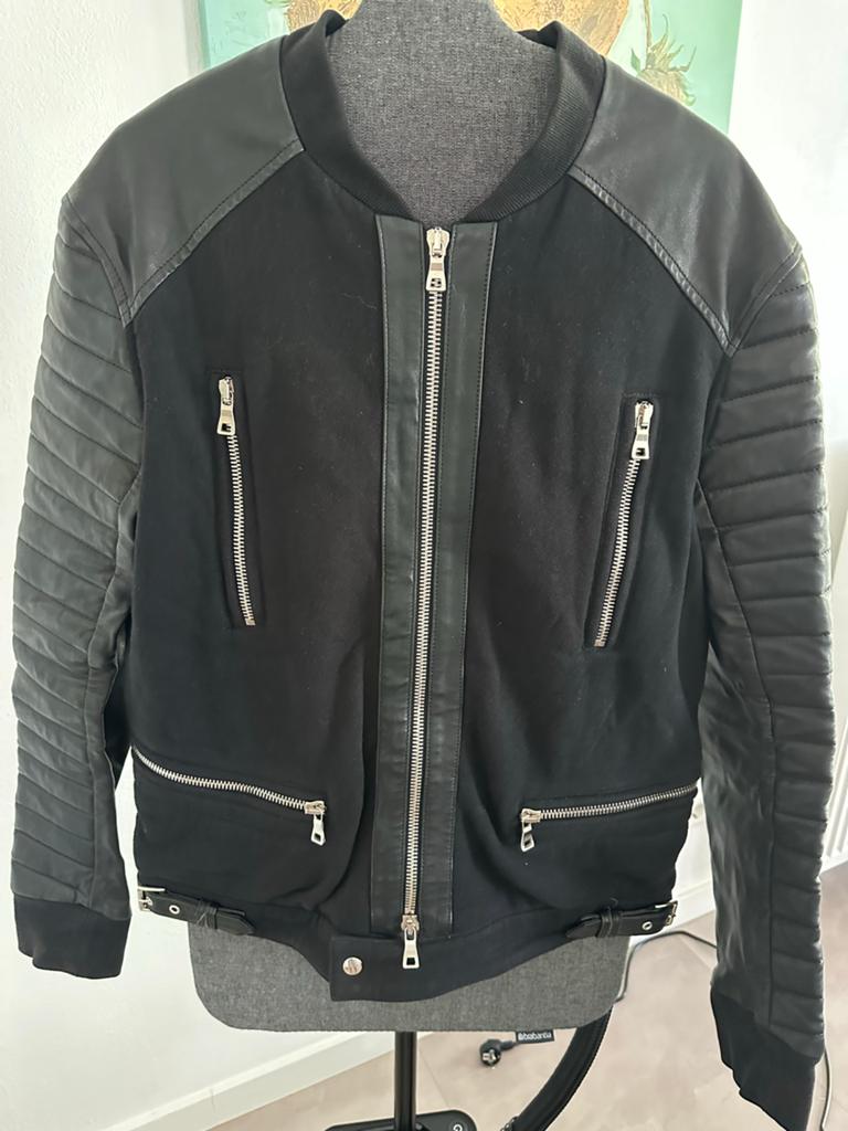 Balmain Paris Bomberjack Zwart Leer/Katoen Maat L, Ophalen of Verzenden, Zo goed als nieuw, Maat 52/54 (L), Zwart