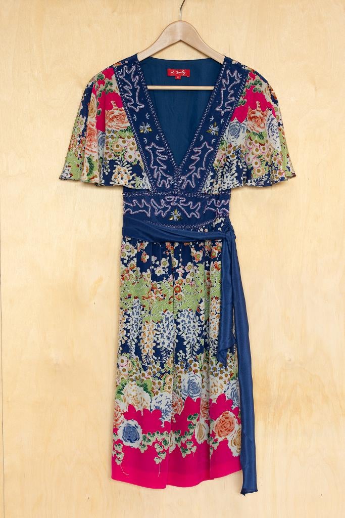 Derhy kleurrijke 100% zijden floral jurk blauw roze 36 S, Blauw, Derhy, Ophalen of Verzenden, Zo goed als nieuw