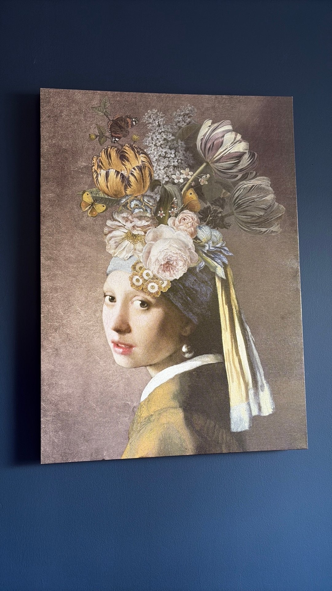 Modern schilderij 'Meisje met de parel' met bloemen, Nieuw, Ophalen of Verzenden, Schilderij, 75 – 100