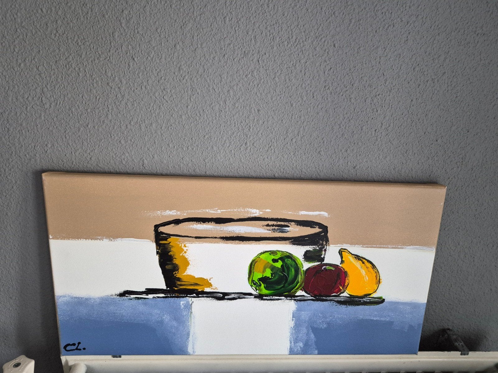 Abstract stilleven schilderij met fruit en kom, Ophalen of Verzenden