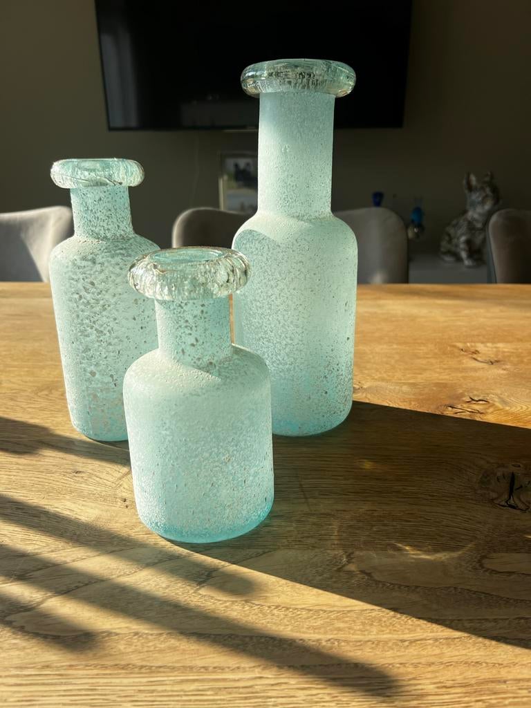 PTMD vazen set van 3 in turquoise, Gebruikt, Overige kleuren, Ophalen of Verzenden, Glas