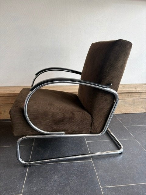 Gispen 407 fauteuil, chroom, nieuwe donkerbruine ribstof, Huis en Inrichting, Fauteuils, Design, 75 tot 100 cm, Zo goed als nieuw