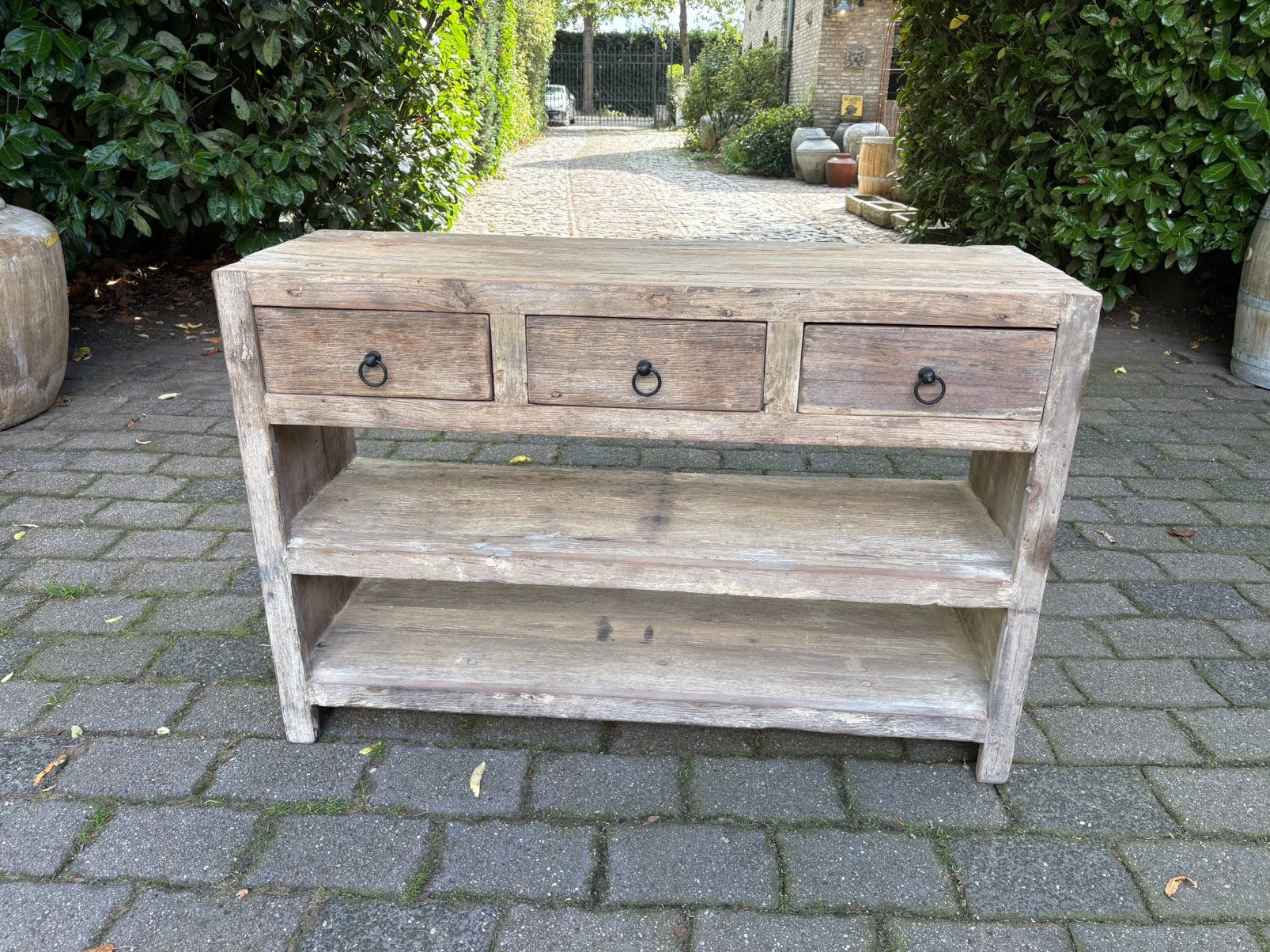 Robuuste sidetable van oud Railwood, Ophalen, 100 tot 150 cm, Teakhout, Zo goed als nieuw