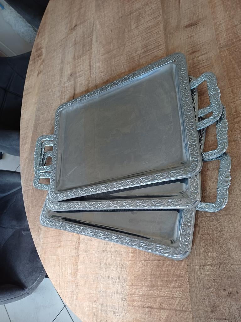 Set van 3 zilverkleurige dienbladen met handvatten, Ophalen of Verzenden