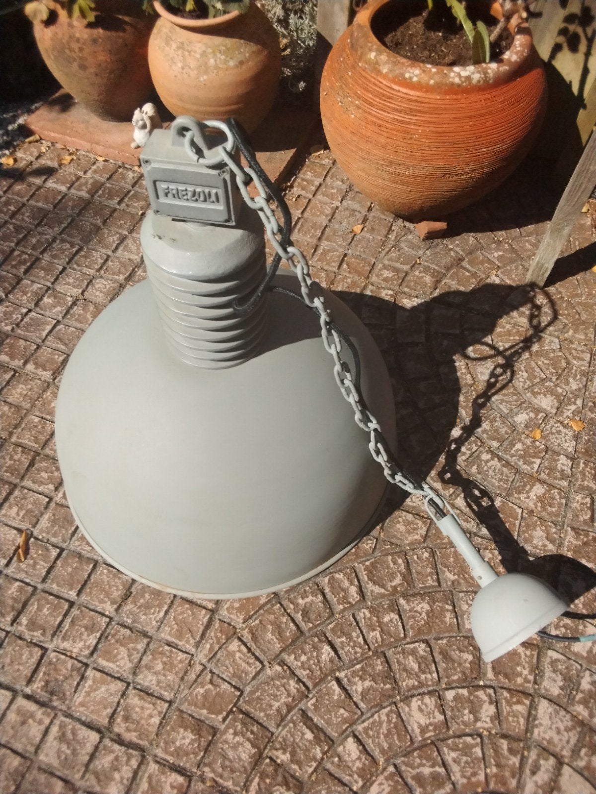 Industriële Frezoli hanglamp - Grijs metaal, Ophalen, Gebruikt, E27 (groot), Metaal