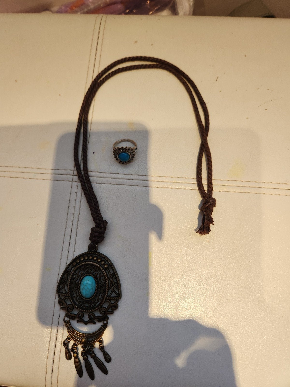 Bohemian ketting en ring set met turquoise steen, Overige materialen, Blauw, Ophalen of Verzenden, Zo goed als nieuw