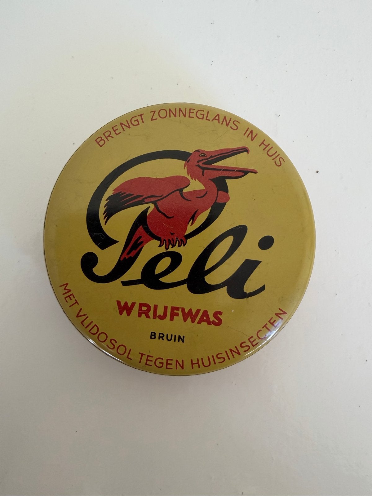 Vintage Peli Wrijfwas Blik - Bruin met Pelikaan Logo, Ophalen of Verzenden