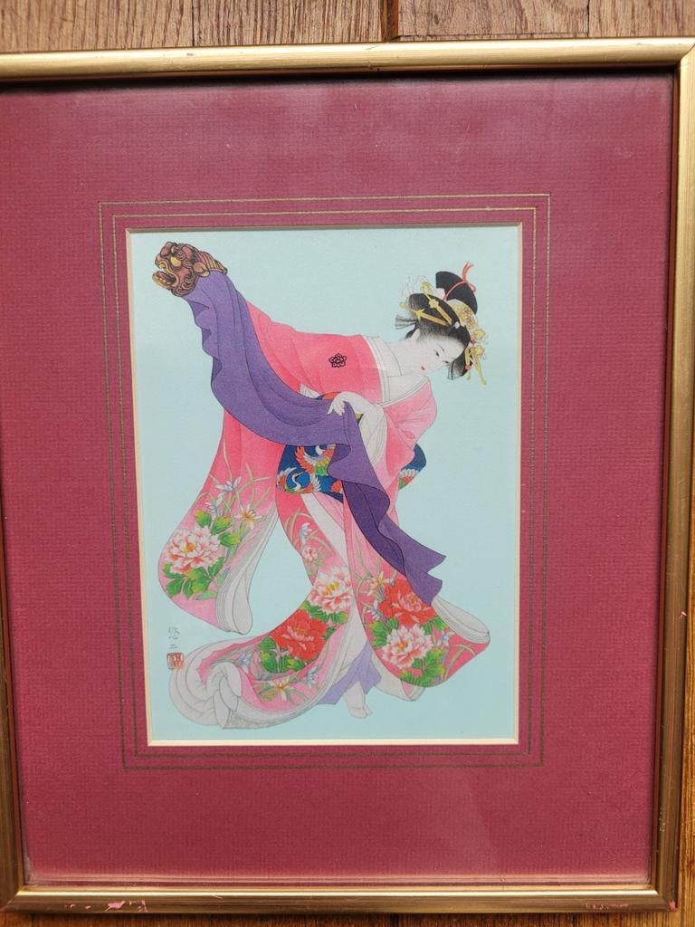 Japans schilderijtje op zijde geisha kimono gesigneerd, Ophalen of Verzenden