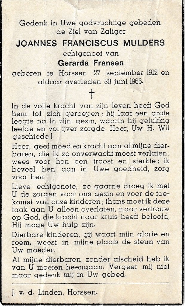 Horssen 1912 - 1966 Johannes Mulders, Ophalen of Verzenden, Bidprentje