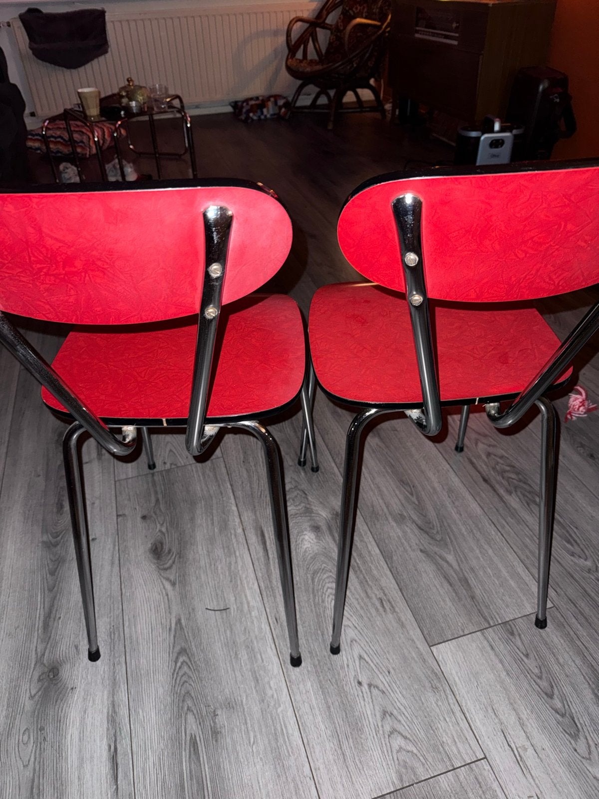 Set van 2 vintage rode formica keukenstoelen met chroom, Ophalen