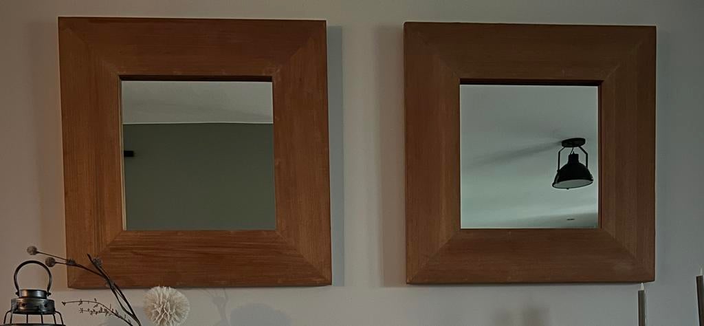 2 teak houten spiegels, Ophalen, Zo goed als nieuw, 75 tot 100 cm, 75 cm of meer
