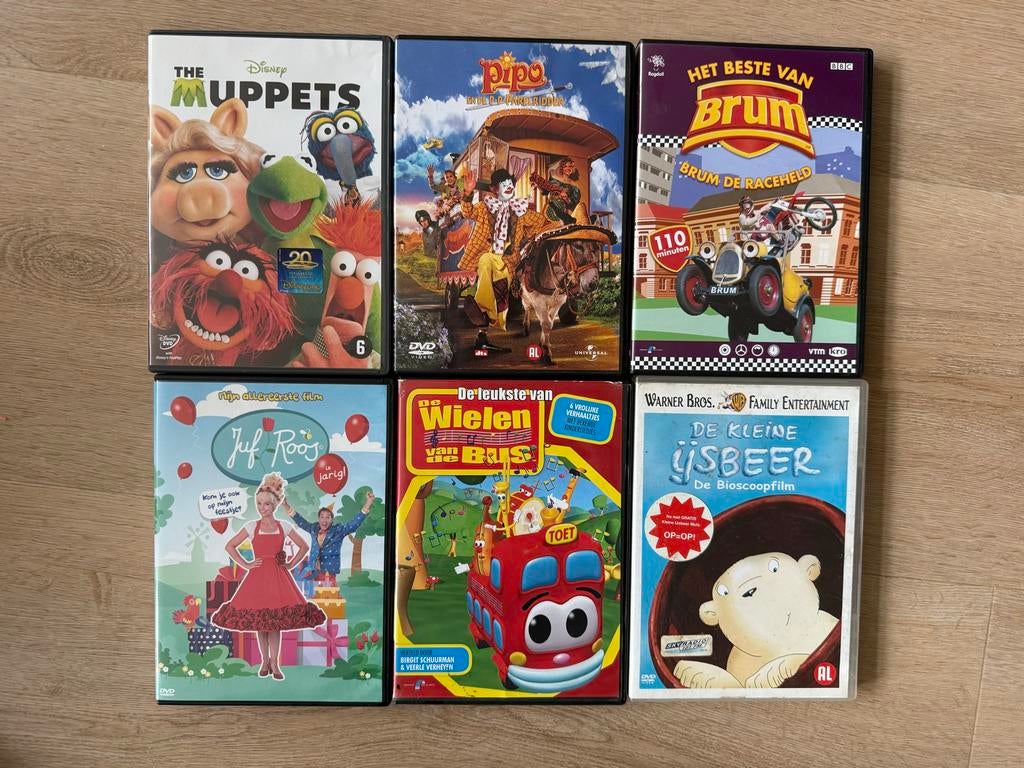 6 dvd's voor kinderen: Muppets, Pipo, Brum, Juf Roos, Wielen, Gebruikt, Alle leeftijden, Overige genres, Ophalen of Verzenden