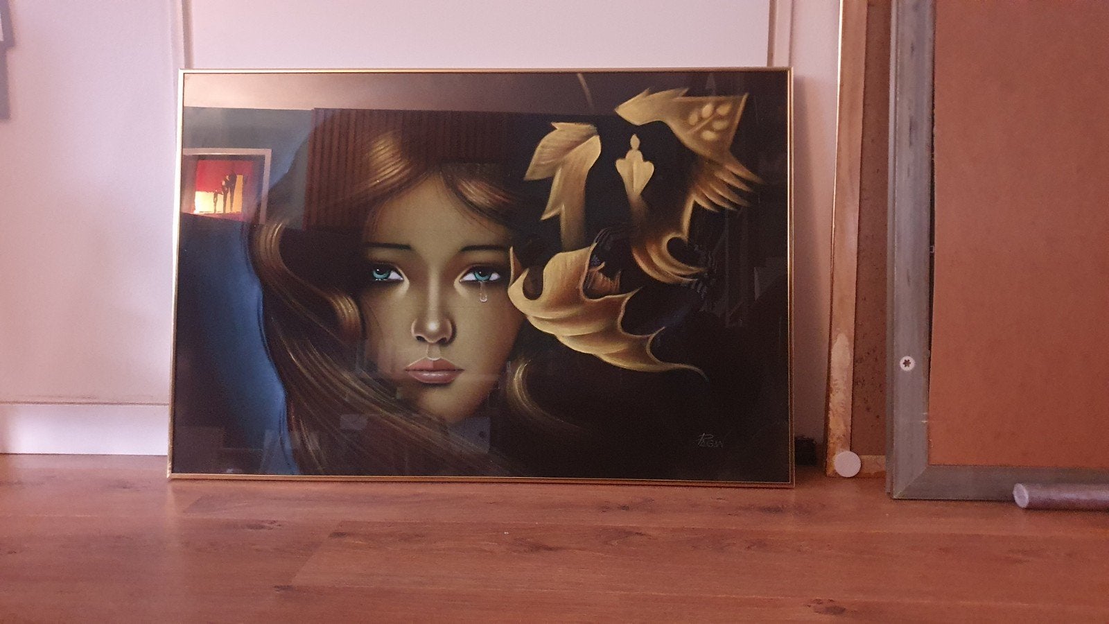 Modern schilderij: Huilende vrouw met gouden bladeren, Ophalen, Gesigneerd, Olieverf, Overige materialen