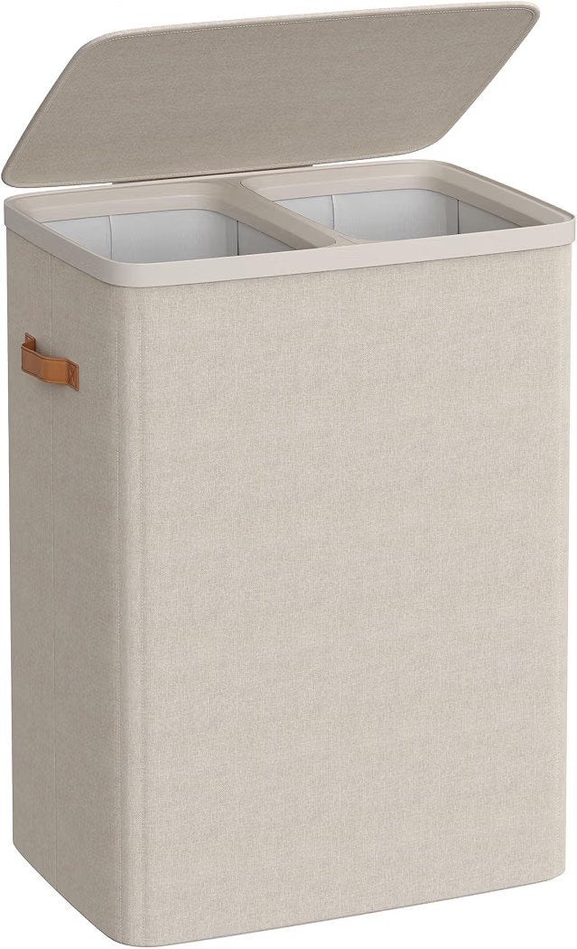 Wasmand met 2 vakken en deksel - 170L - Beige, Mand, Textiel, Nieuw, Ophalen of Verzenden