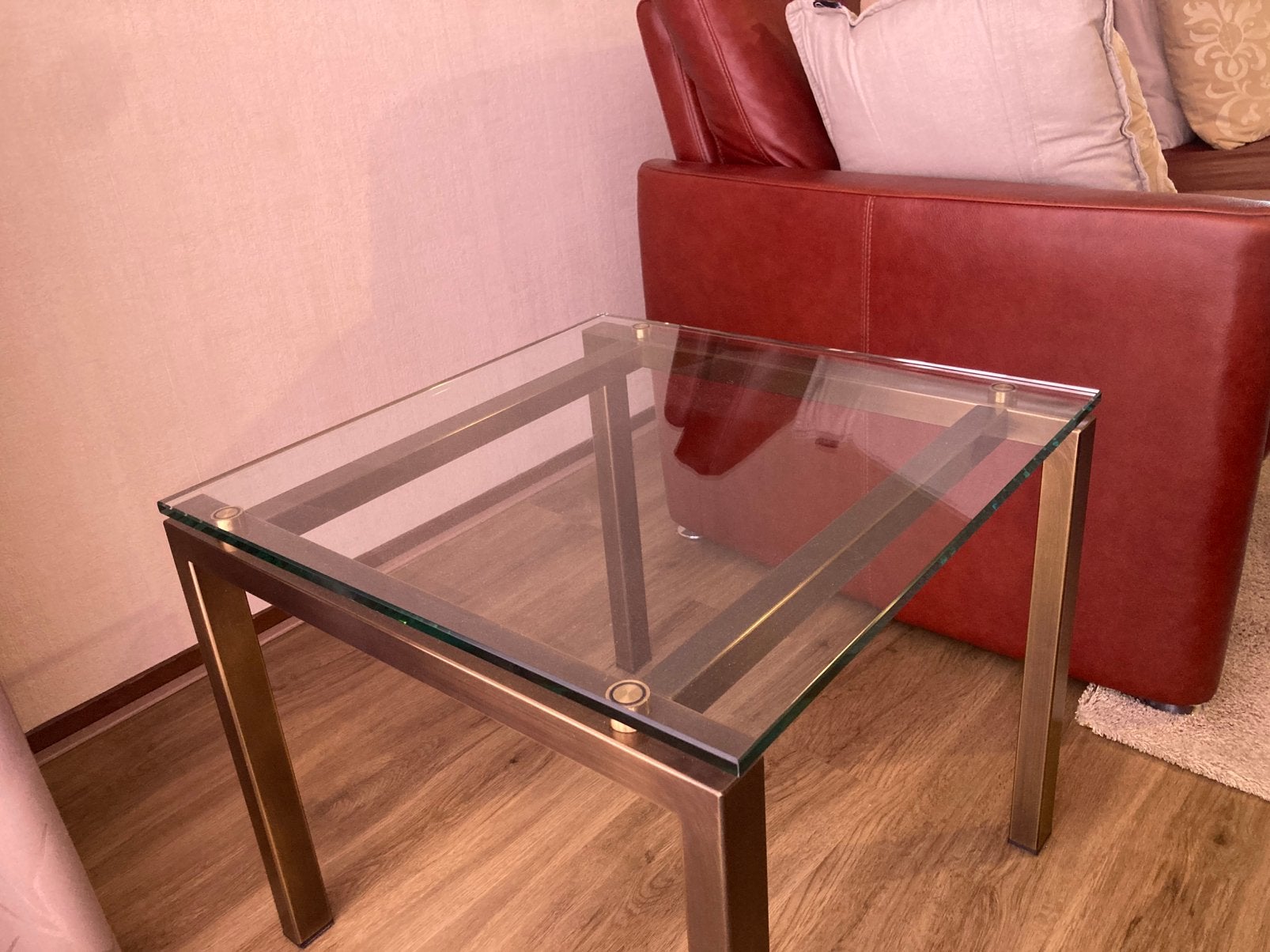 Luxe hardglas bijzettafels, Ophalen, Zo goed als nieuw, Vierkant, 50 tot 100 cm