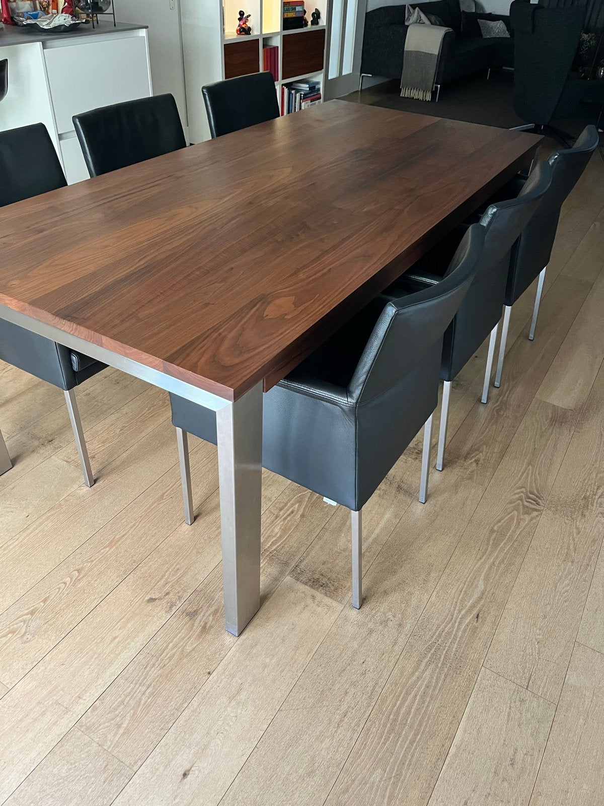 Bert Plantagie eettafel met 6 lederen eetkamerstoelen, Ophalen, Gebruikt, 100 tot 150 cm, 200 cm of meer