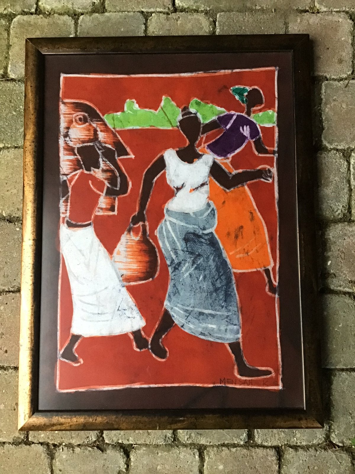 Ingelijste Afrikaanse Batik Kunst - Vrouwen met Manden, Ophalen of Verzenden