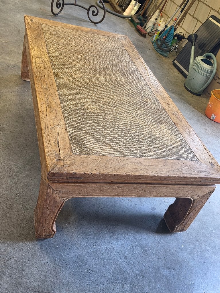 Unieke houten salontafel met rotan blad, Ophalen, Gebruikt, Rustiek, Landelijk, Bohemian, 50 tot 100 cm