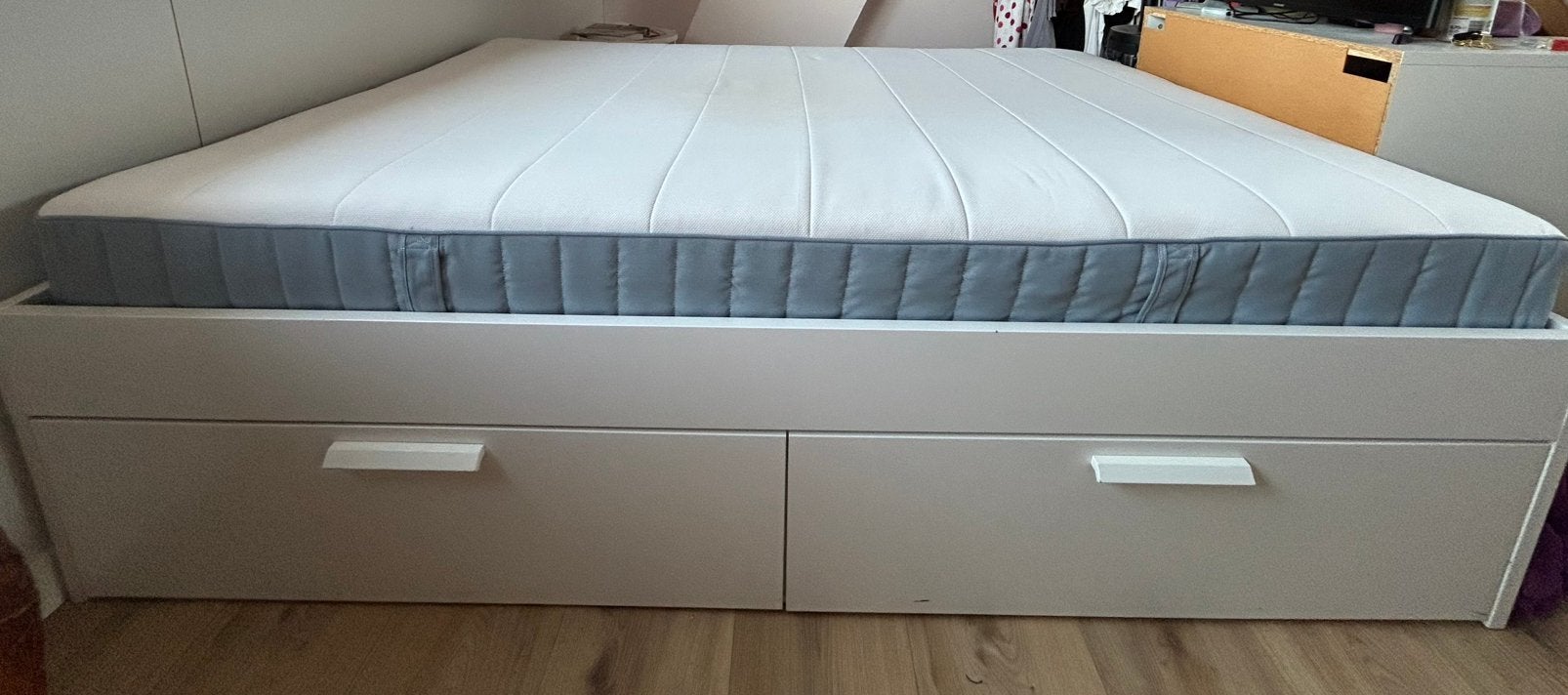IKEA BRIMNES bedframe met lades 140x200cm, Ophalen, Gebruikt, Wit, Tweepersoons