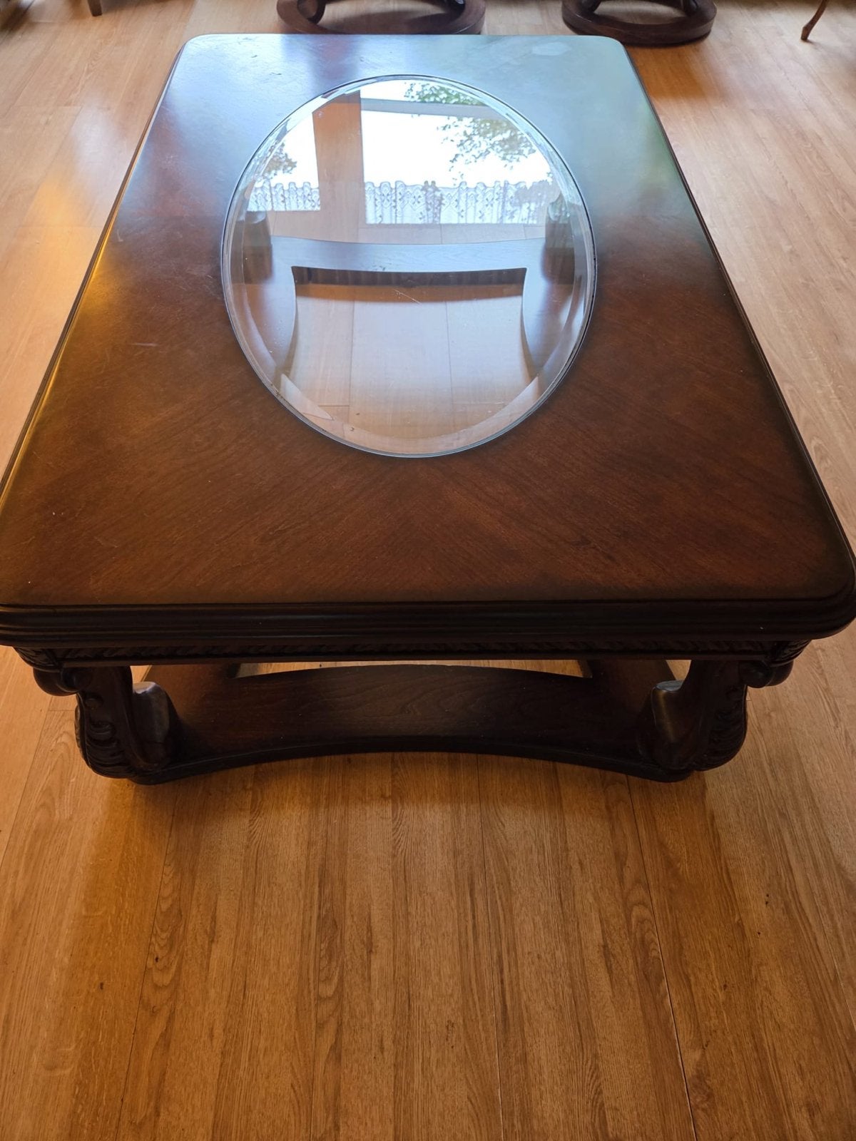 Klassieke salontafel met glazen inzetstuk, Huis en Inrichting, Ophalen, Gebruikt, 100 tot 150 cm, 50 tot 100 cm