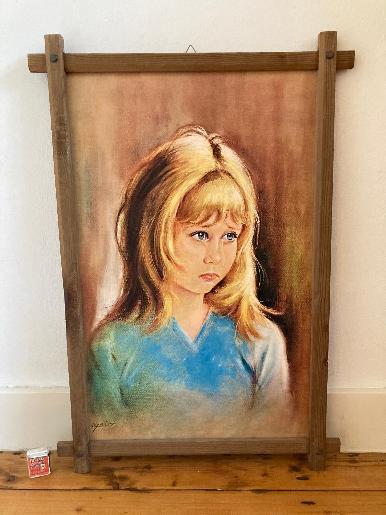 Betraand blond meisje lang haar haarpony pony verdrietig, Ophalen of Verzenden, Zo goed als nieuw, Schilderij, 75 cm of meer