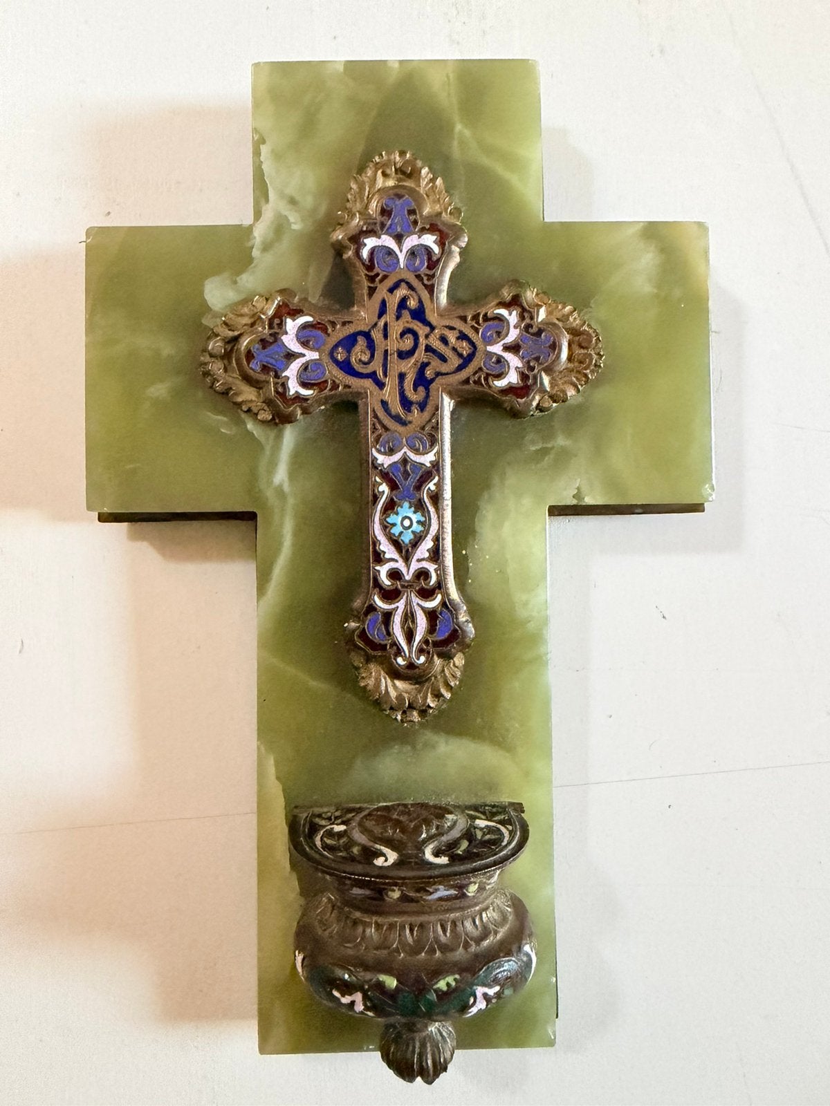 Antique French Champlevé Enamel & Green Onyx, Bénitier 1880, Ophalen of Verzenden