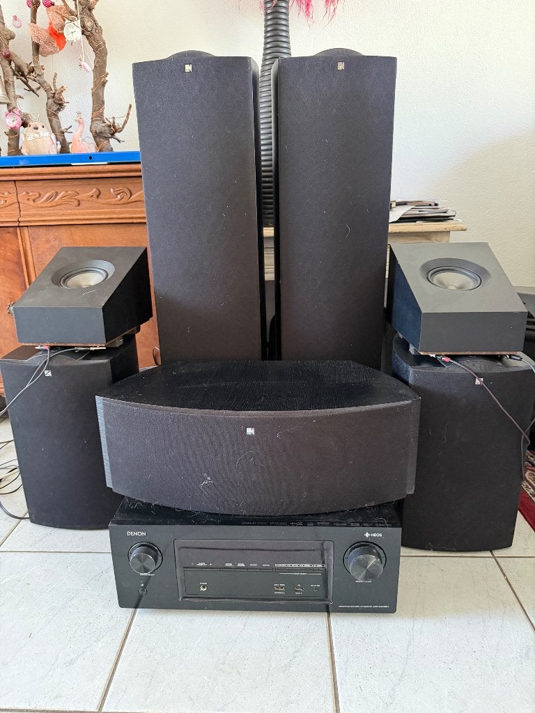 Dolby surround set van kef/denon/jamo, Ophalen, Gebruikt, Inclusief kabels, 60 tot 120 watt