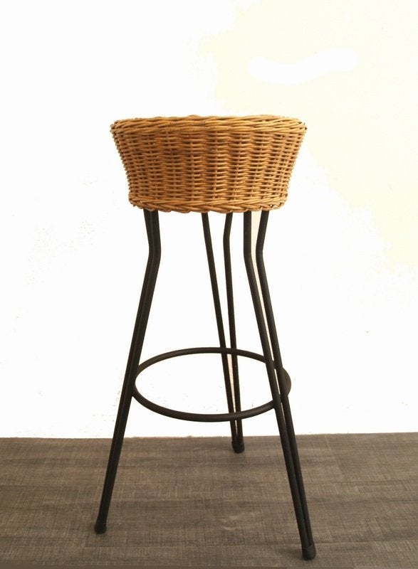 Jaren 50 vintage design kruk - metaal met rotan, Metaal, Gebruikt, -, 60 tot 90 cm