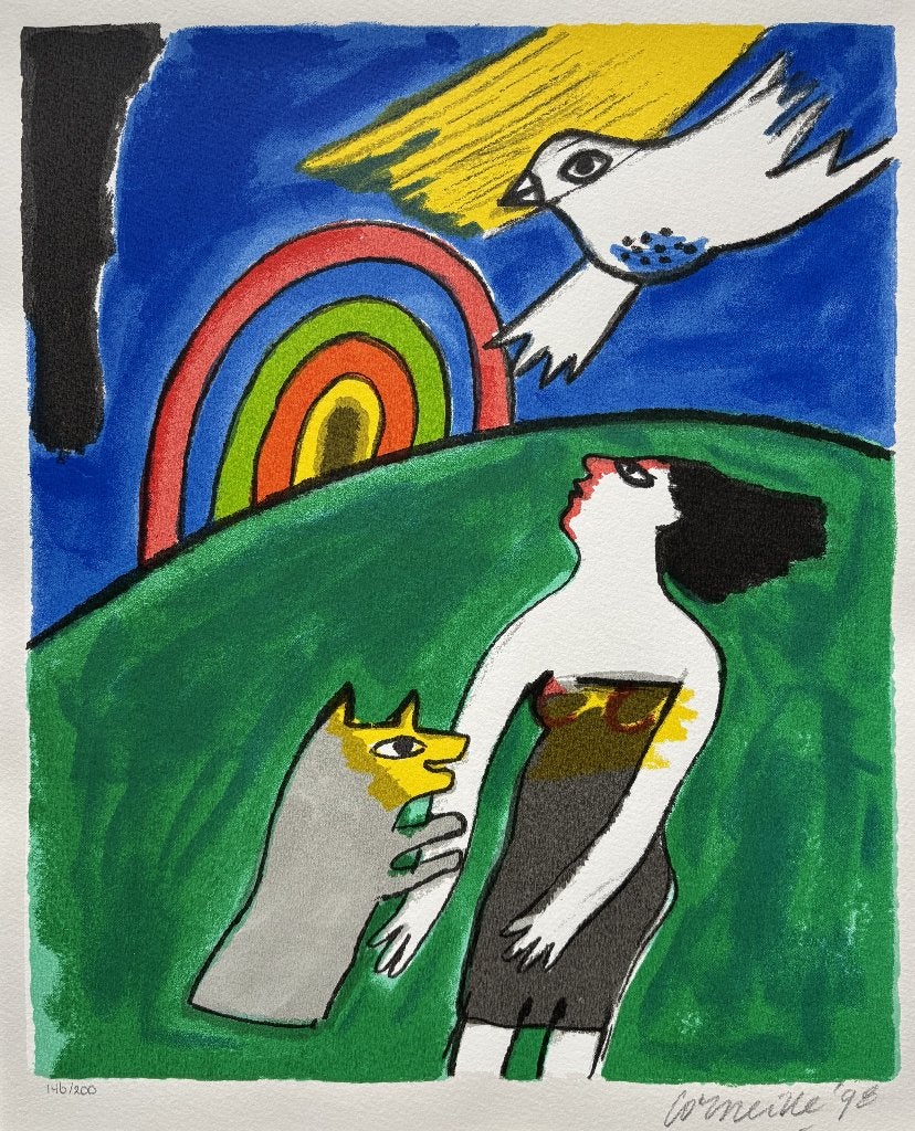 Corneille (1922-2010) - Dame met hond en vogel(1998), Personages en Fantasiefiguren, Ophalen of Verzenden, Lithografie, Gelimiteerde oplage