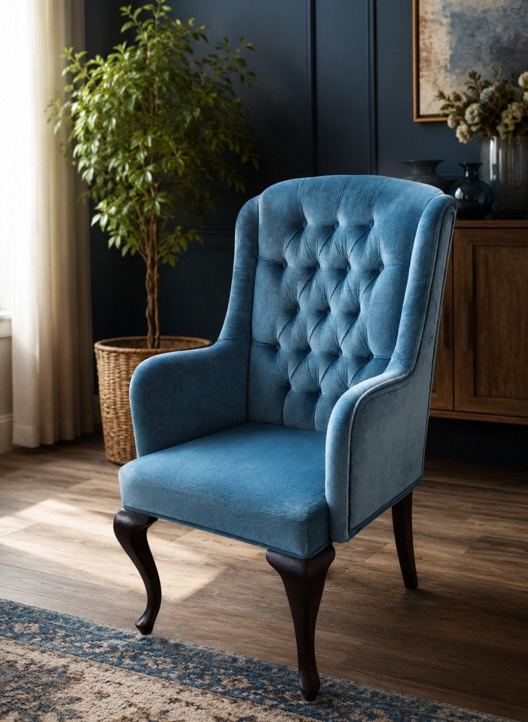 Luxe blauwe fluwelen fauteuil met knoopdetails, Ophalen, Blauw, Zo goed als nieuw, Stof