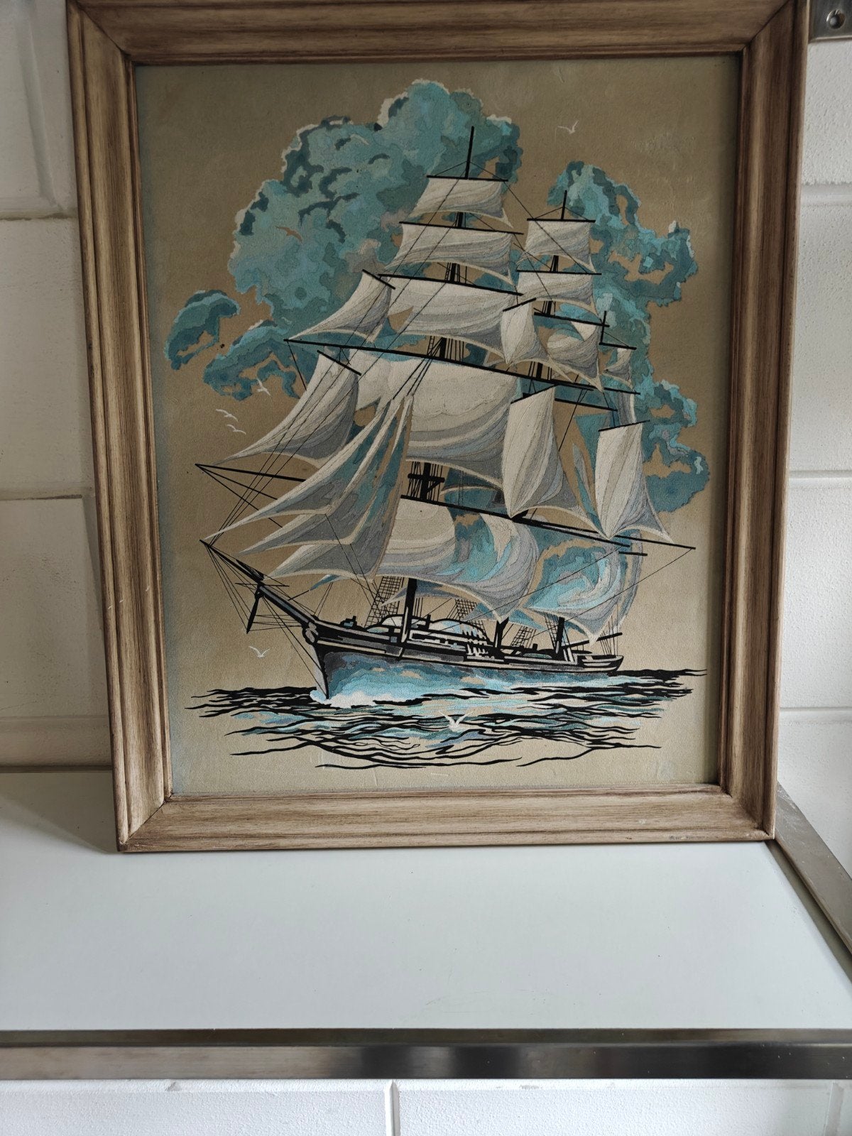 Geweldig mooi Maritiem Schilderij Olieverf op Suède 56x46 cm, Abstract, Ophalen of Verzenden, Ingelijst, Gemengde techniek