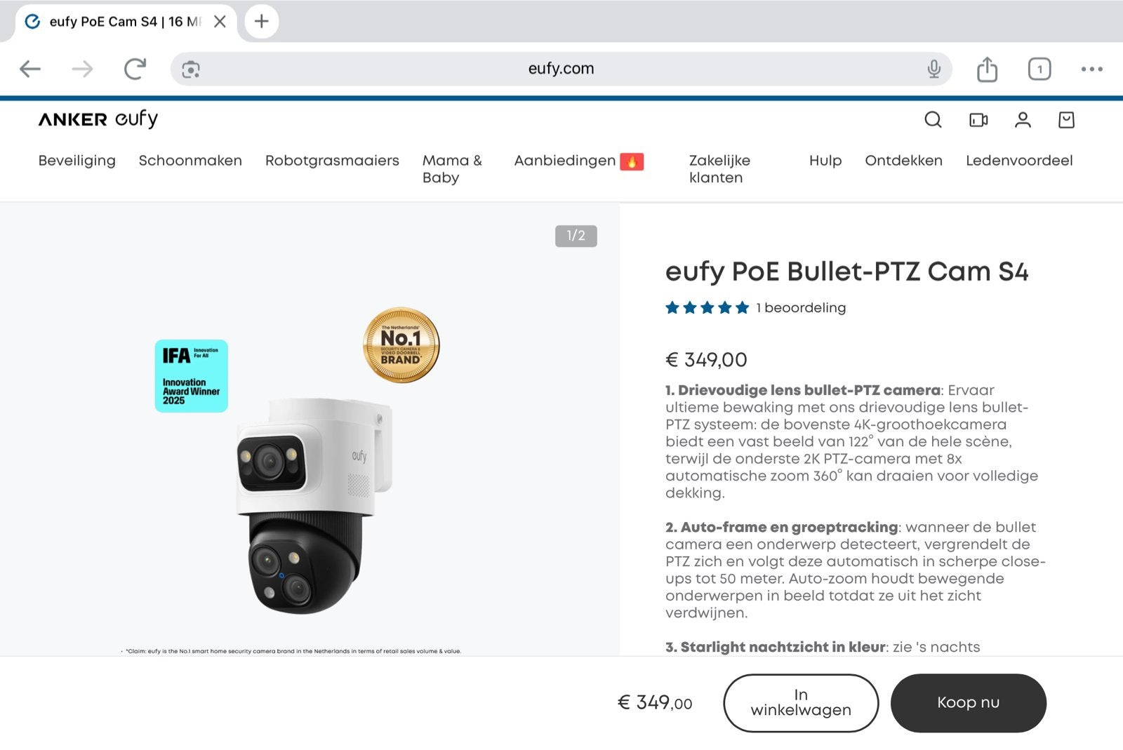 Eufy PoE Bullet-PTZ S4 Beveiligingscamera (NVR vereist), Ophalen, Nieuw, Buitencamera
