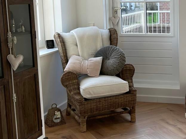 Riviera maison Nicolas rustic rattan  fauteuil, Ophalen of Verzenden, Zo goed als nieuw, 75 tot 100 cm, 100 tot 125 cm