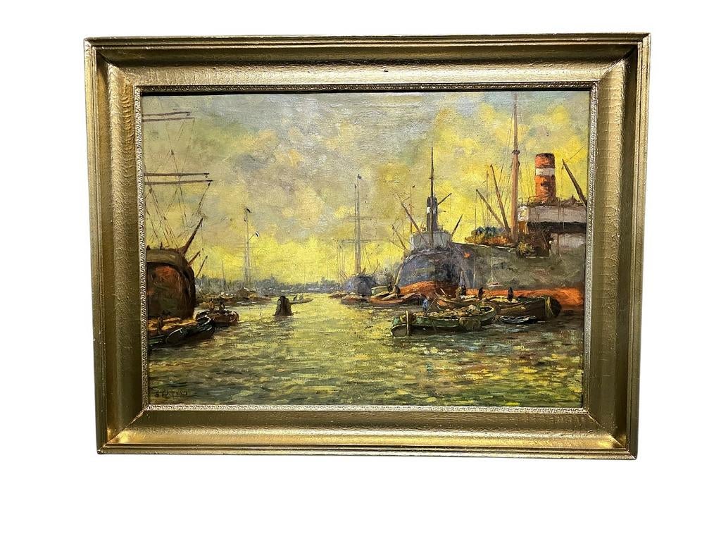 Olieverfschilderij  Havenzicht sign. Evert MOLL, Ophalen of Verzenden