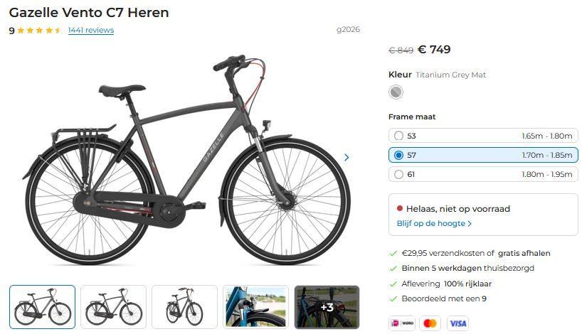 Gazelle Vento C7, 57cm Heren, Ophalen, Versnellingen, Zo goed als nieuw, 57 tot 61 cm