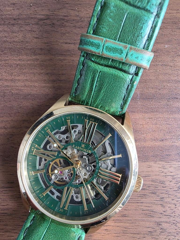Earnshaw Skeleton Horloge Goudkleurig met Groene Band, Sieraden, Tassen en Uiterlijk, Horloges | Heren, Ophalen of Verzenden