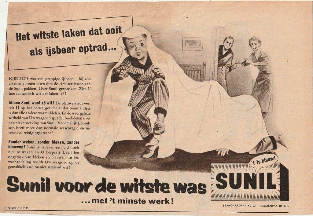 Retro reclame 1957 Sunil wasmiddel jongetje is de ijsbeer, Verzenden, Overige typen