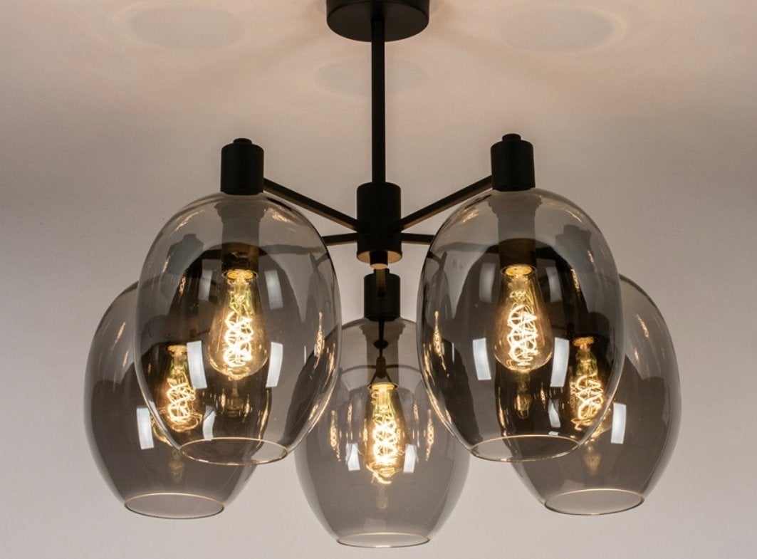 Elegante Zwarte Spider Lamp met Rookglas - 5 Lichtpunten, Ophalen, 50 tot 100 cm, Minder dan 100 cm, 50 tot 75 cm