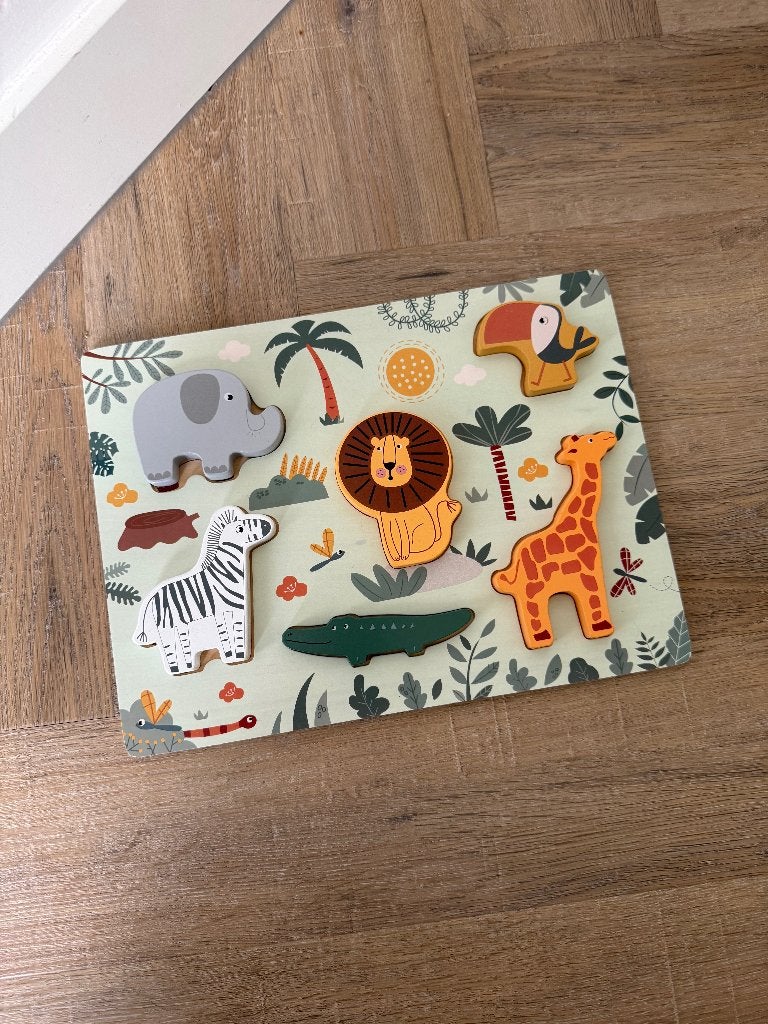 ZGAN houten safari legpuzzel Prenatal wilde dieren puzzel, Ophalen of Verzenden, Zo goed als nieuw, Van hout, Minder dan 10 stukjes